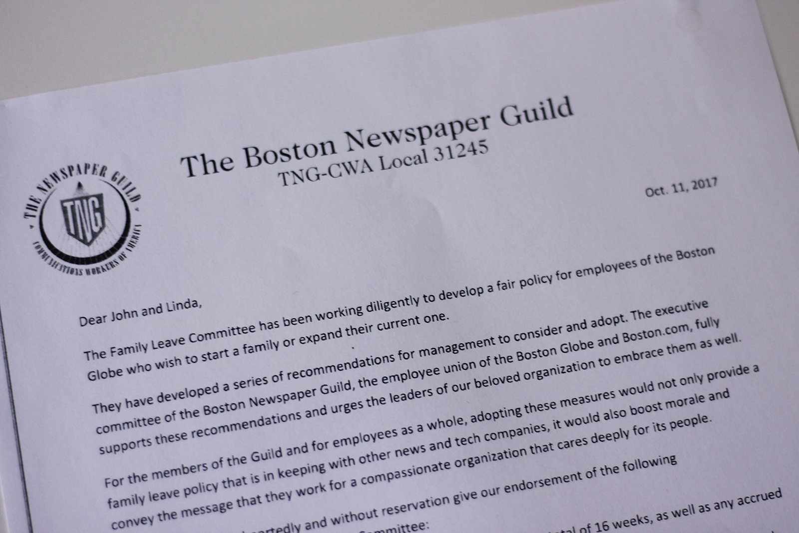 Boston Newspaper Guild letter