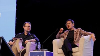 Nobel Peace Prize winner Maria Ressa (right) is interviewed by Phil Chetwynd, global news director for AFP news agency, during a keynote session at the GlobalFact 11 fact-checking conference in Sarajevo on Wednesday. Credit: Vanja Čerimagić
